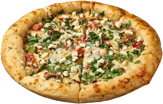 Pizza Anunnaki con espinaca, champiñones, tocino y queso crema