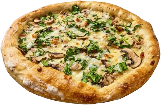 Pizza Área 51 con champiñón, espinaca y base de ajo cremosa