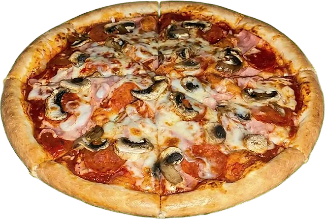 Pizza Atlas con jamón, pepperoni y champiñones