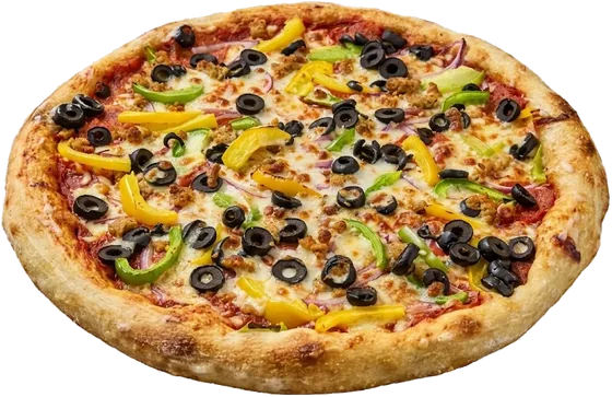 Pizza Expedición Mediterránea con aceitunas negras, pimientos y cebolla