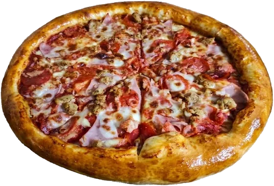 Pizza Planeta Carnívoro con pepperoni, salchicha italiana, jamón y tocino