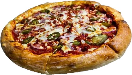 Pizza Vulcano con jamón, chorizo, cebolla morada y jalapeño