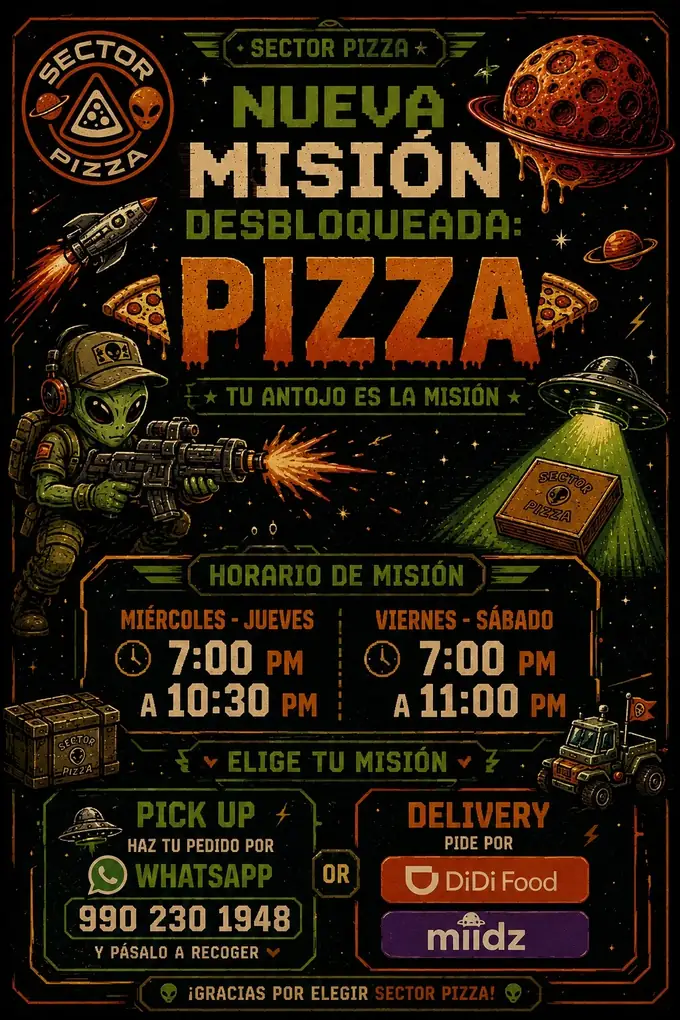Póster con los horarios y formas de pedido de Sector Pizza